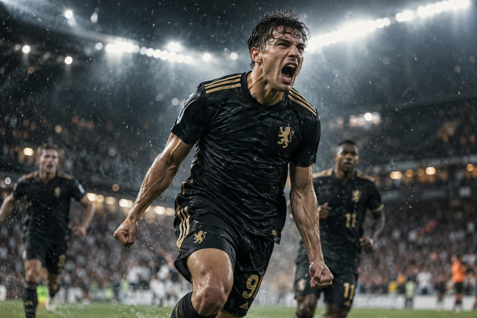 Jugador de fútbol celebrando bajo la lluvia