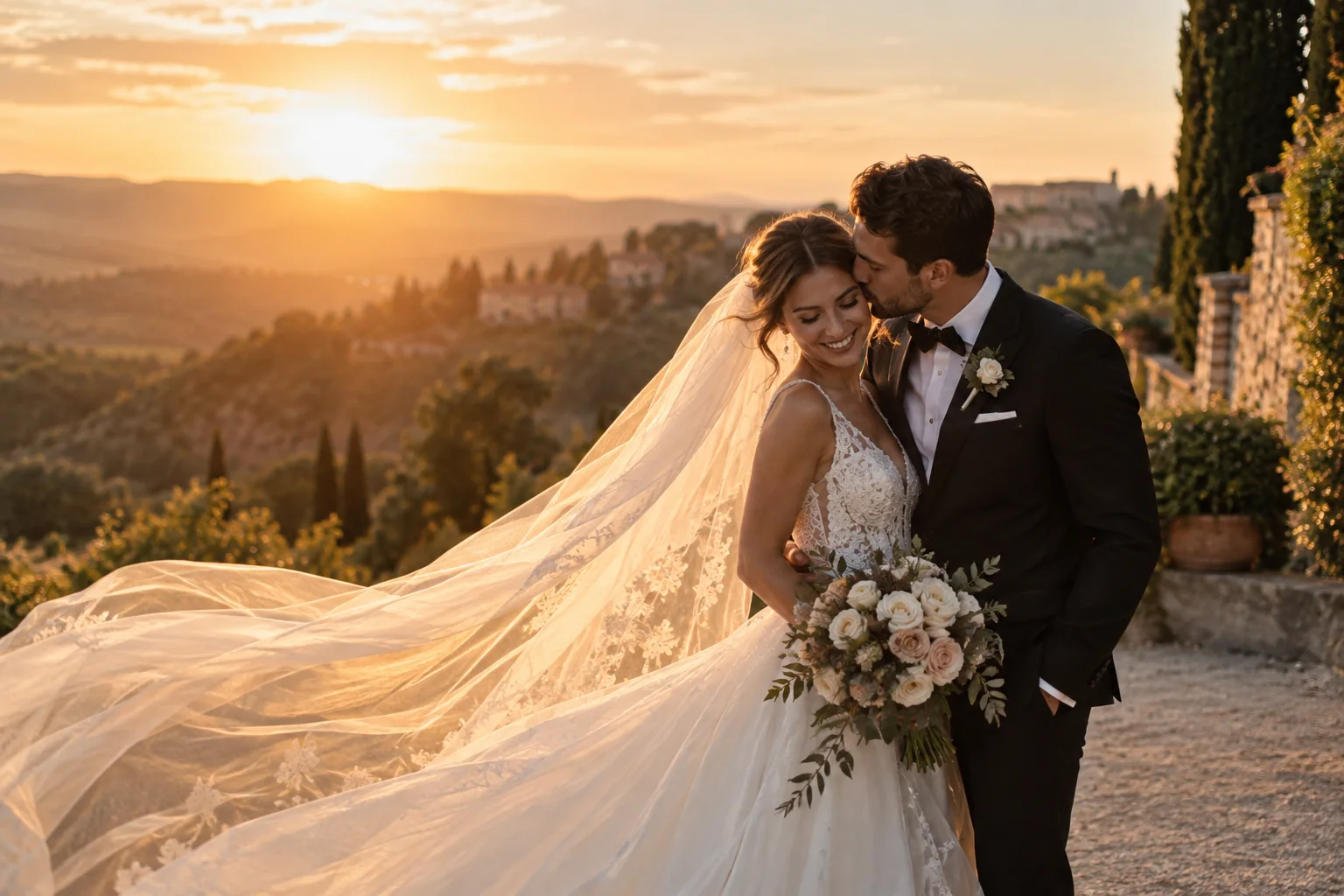 Pareja de boda al atardecer